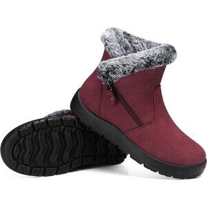 Red Snow Boots for Women, Winter Warm Fur Lined Mid Calf, Waterproof Hiking